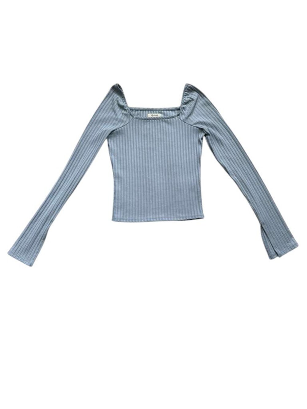 Madewell Womens XS Gray Ribbed Knit Top Square Neck Long Sleeve Fitted.